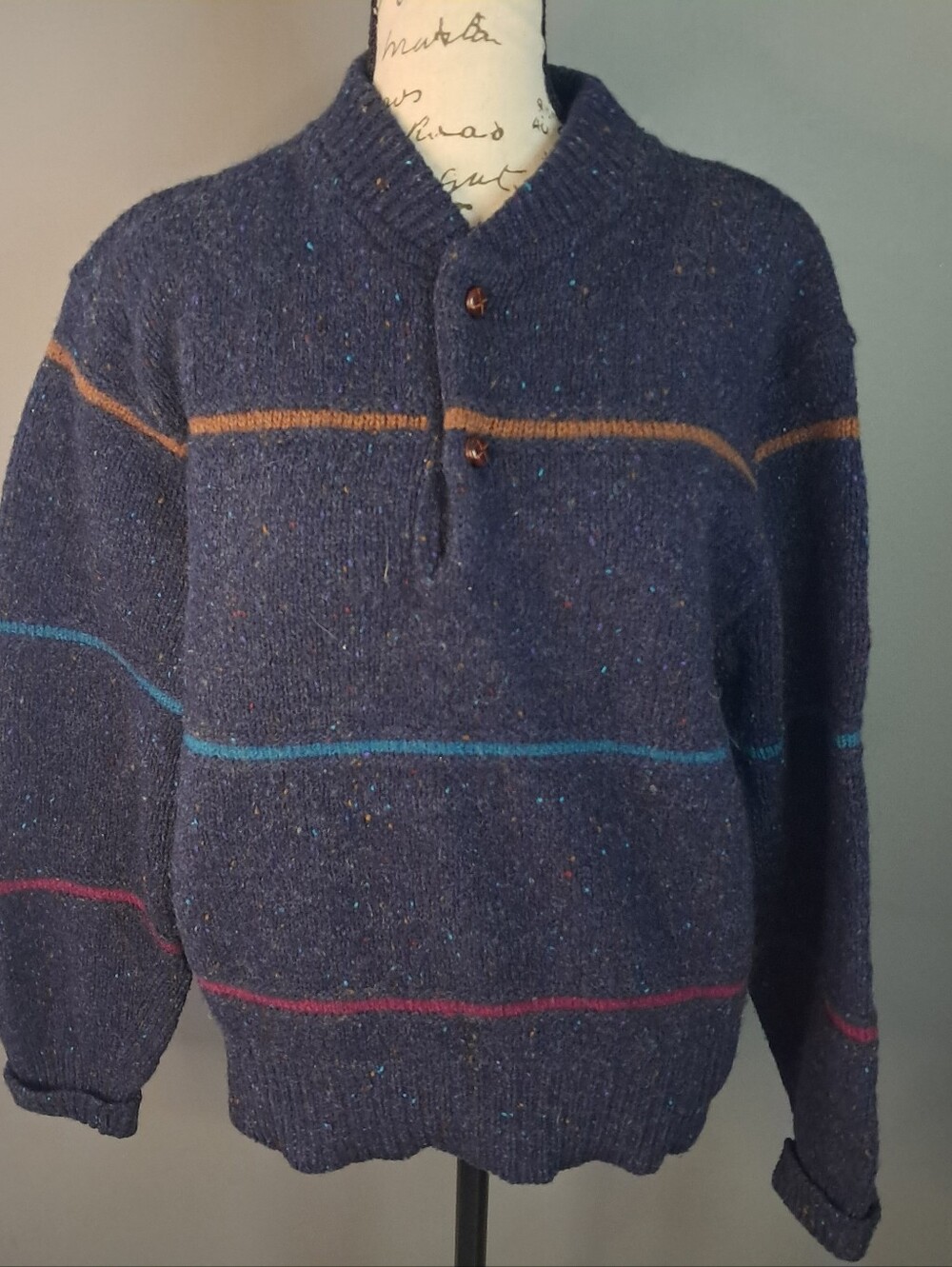 Pendleton 100% Wool Pullover Sweater Mock Neck Button Striped Men's Medium
